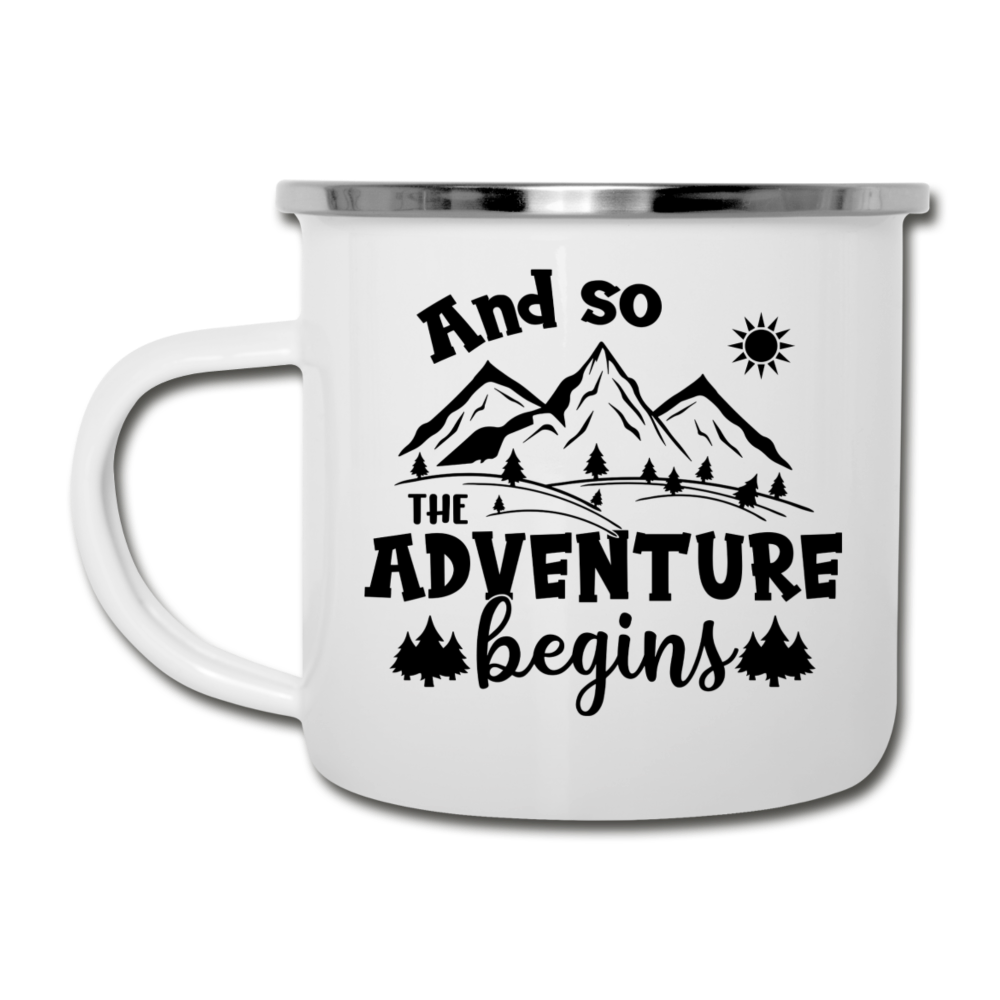 And So the Adventure Begins Camping Mug - white