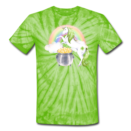 Unicorn Leprecorn St Patricks Day Unisex Tie Dye T-Shirt - spider lime green