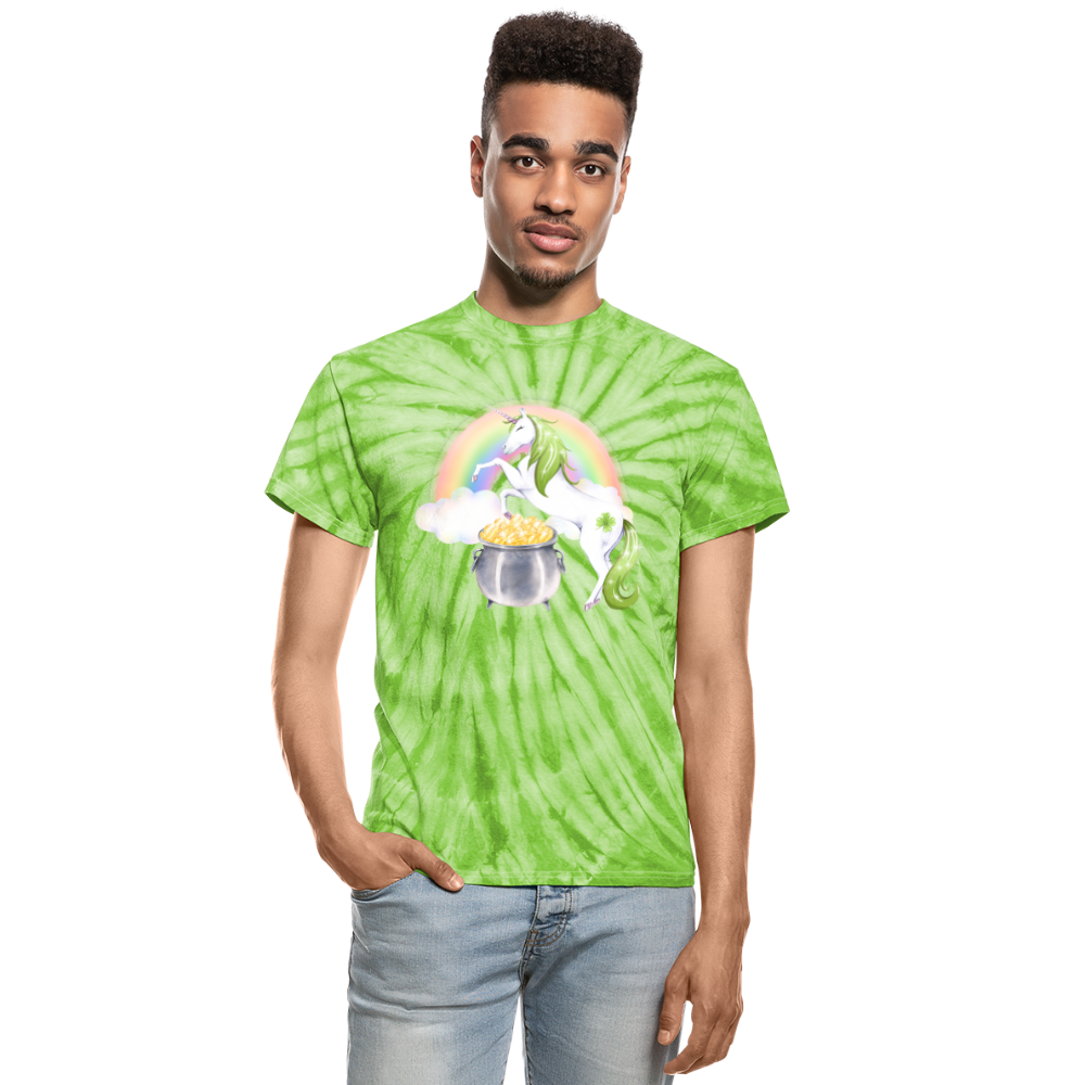 Unicorn Leprecorn St Patricks Day Unisex Tie Dye T-Shirt - spider lime green