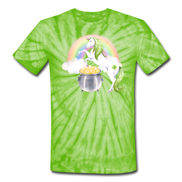 Unicorn Leprecorn St Patricks Day Unisex Tie Dye T-Shirt - spider lime green