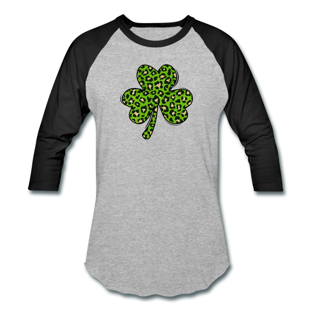 Leopard Print Shamrock Baseball T-Shirt - heather gray/black