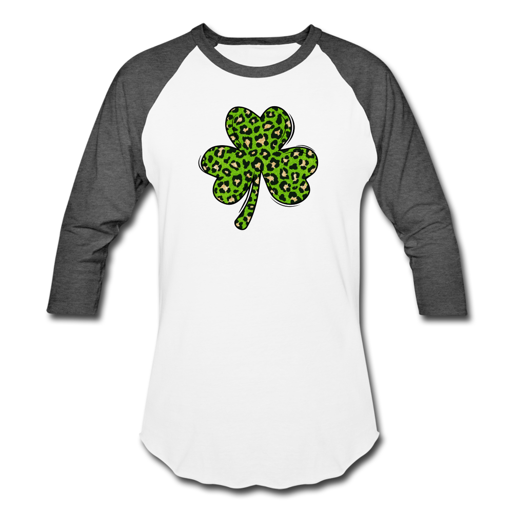 Leopard Print Shamrock Baseball T-Shirt - white/charcoal