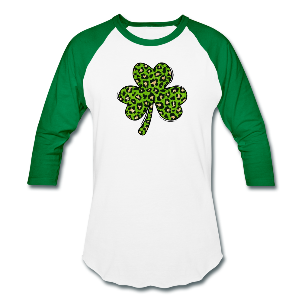 Leopard Print Shamrock Baseball T-Shirt - white/kelly green