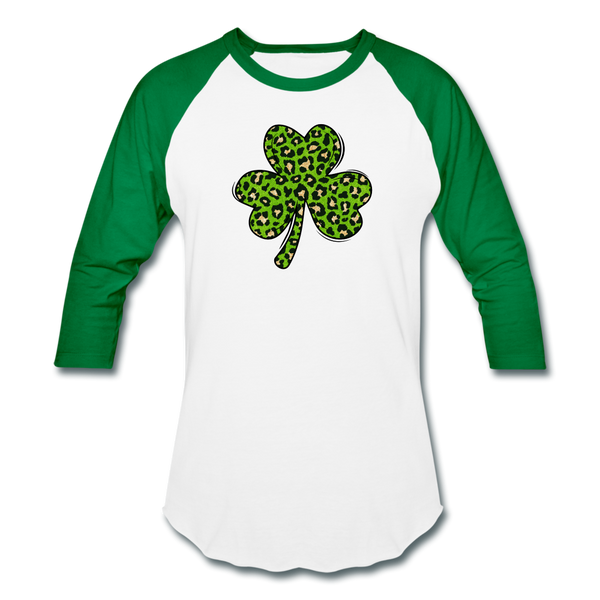 Leopard Print Shamrock Baseball T-Shirt - white/kelly green