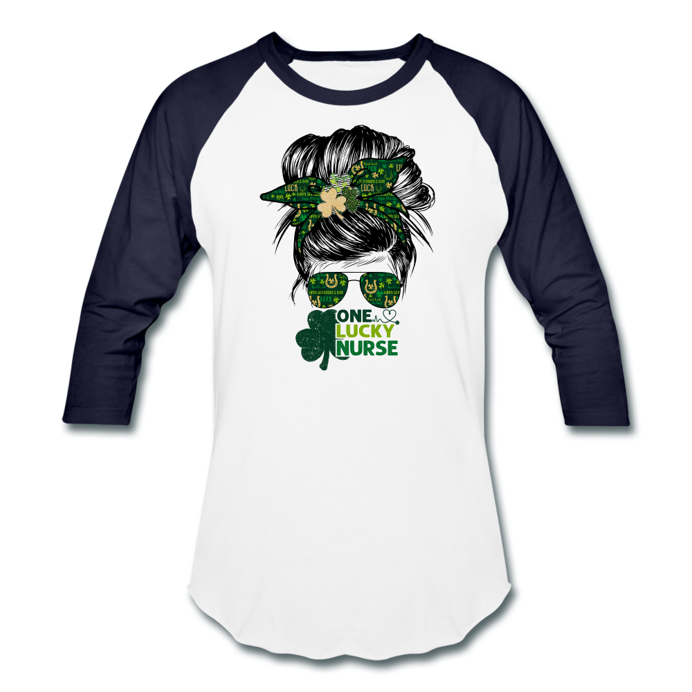 One Lucky Nurse Messy Bun St. Patrick's Day Baseball T-Shirt - white/navy