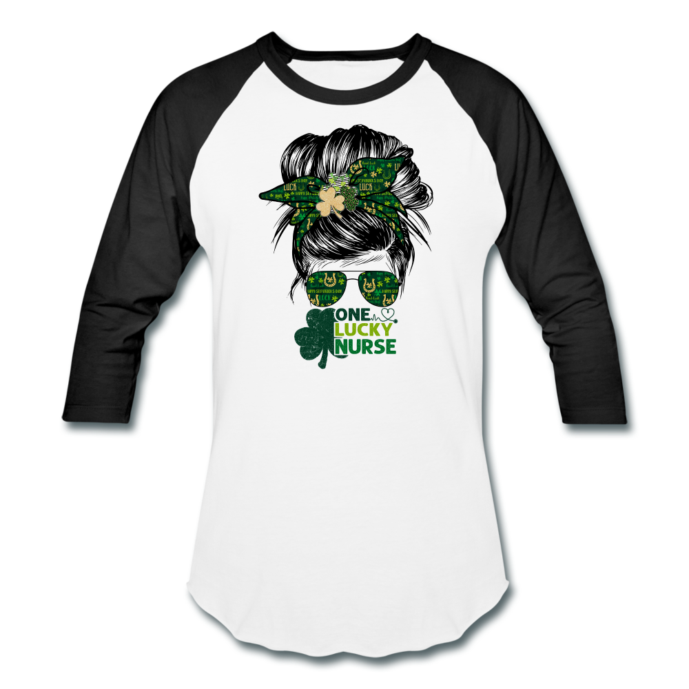 One Lucky Nurse Messy Bun St. Patrick's Day Baseball T-Shirt - white/black