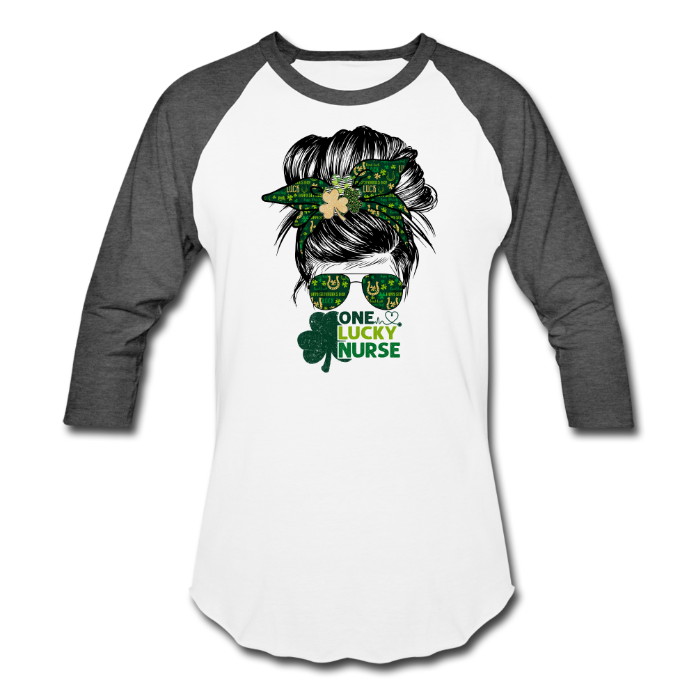 One Lucky Nurse Messy Bun St. Patrick's Day Baseball T-Shirt - white/charcoal