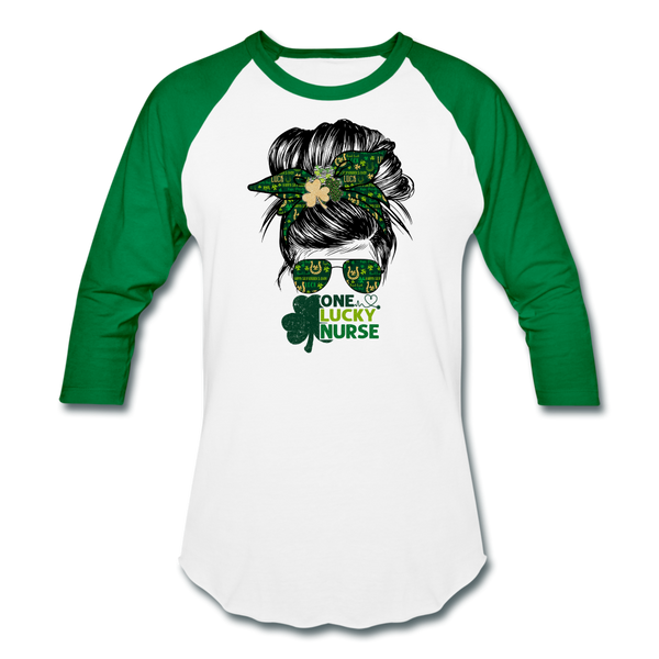 One Lucky Nurse Messy Bun St. Patrick's Day Baseball T-Shirt - white/kelly green