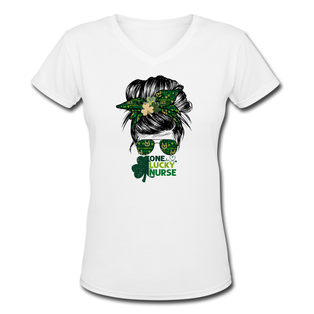 One Lucky Nurse Messy Bun St Patrick's Day Women's V-Neck T-Shirt - white