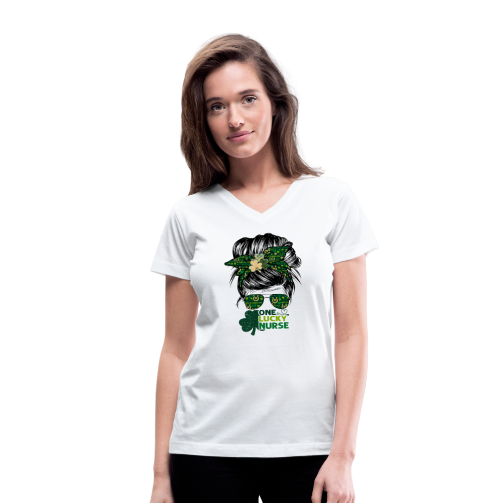 One Lucky Nurse Messy Bun St Patrick's Day Women's V-Neck T-Shirt - white