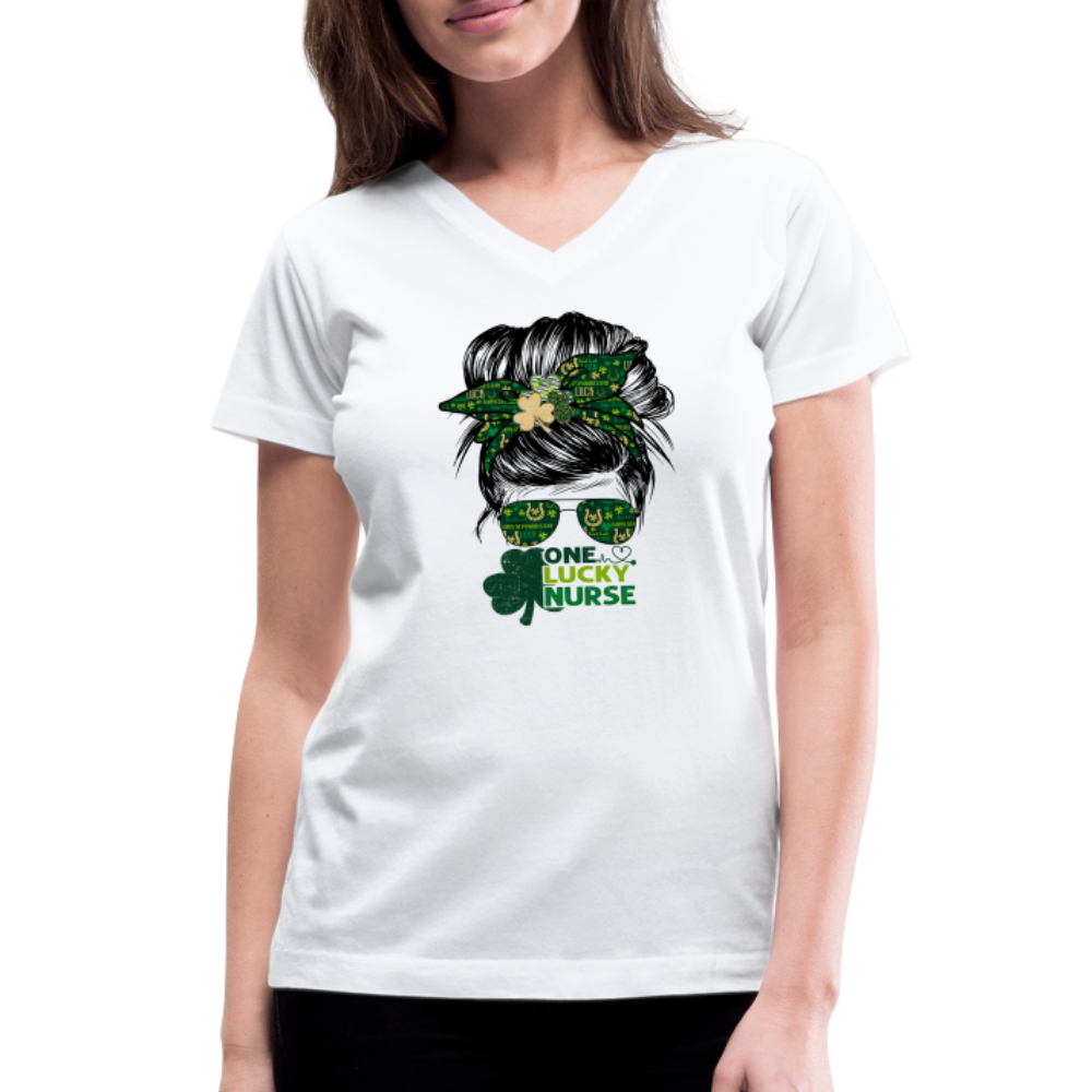 One Lucky Nurse Messy Bun St Patrick's Day Women's V-Neck T-Shirt - white