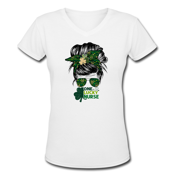 One Lucky Nurse Messy Bun St Patrick's Day Women's V-Neck T-Shirt - white