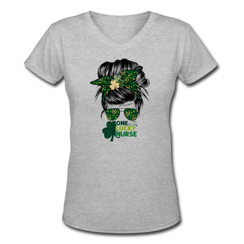 One Lucky Nurse Messy Bun St Patrick's Day Women's V-Neck T-Shirt - gray