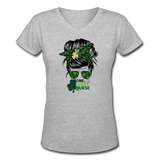 One Lucky Nurse Messy Bun St Patrick's Day Women's V-Neck T-Shirt - gray