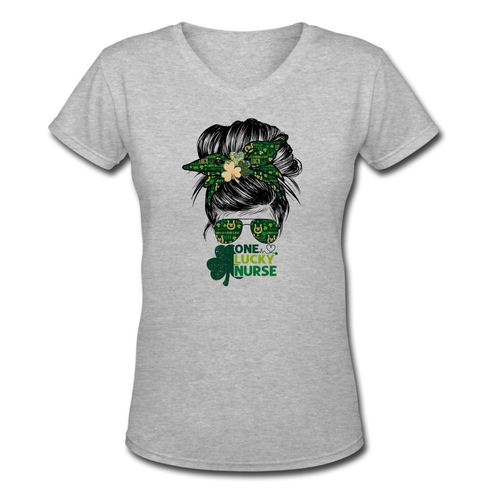 One Lucky Nurse Messy Bun St Patrick's Day Women's V-Neck T-Shirt - gray