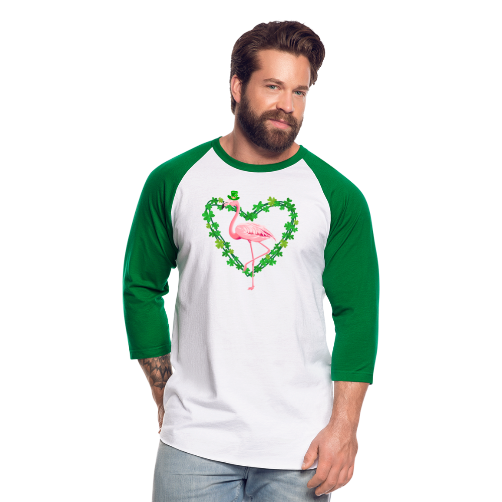 Flamingo Shamrock St. Patrick's Day Baseball T-Shirt - white/kelly green
