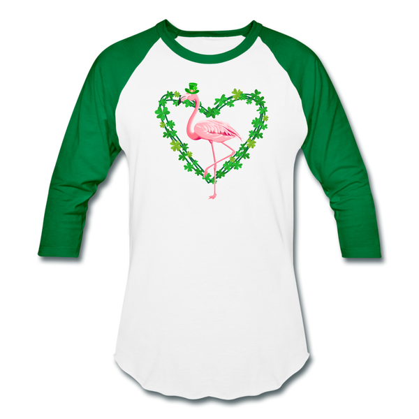 Flamingo Shamrock St. Patrick's Day Baseball T-Shirt - white/kelly green