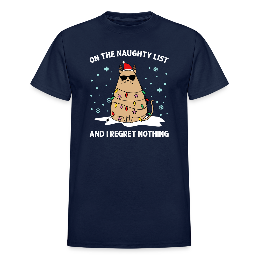 On the Naughty List and I Regret Nothing Cat Christmas Gildan Ultra Cotton Adult T-Shirt - navy