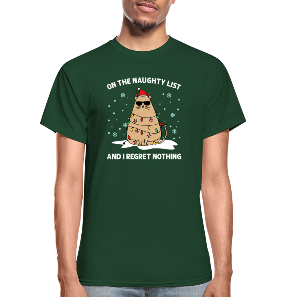 On the Naughty List and I Regret Nothing Cat Christmas Gildan Ultra Cotton Adult T-Shirt - forest green