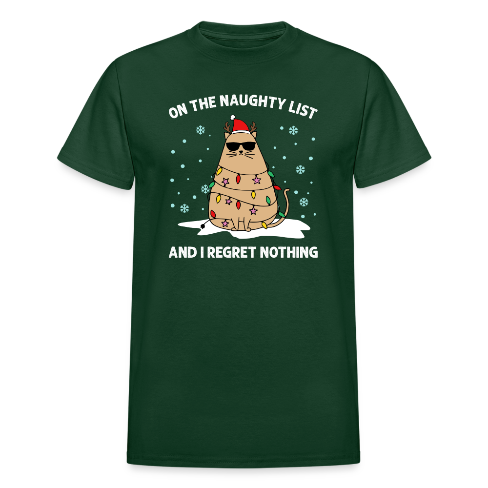 On the Naughty List and I Regret Nothing Cat Christmas Gildan Ultra Cotton Adult T-Shirt - forest green