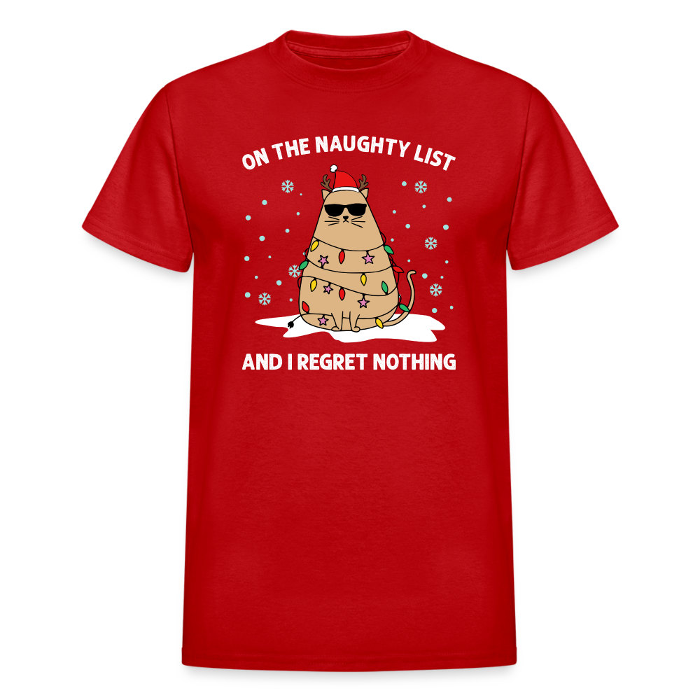 On the Naughty List and I Regret Nothing Cat Christmas Gildan Ultra Cotton Adult T-Shirt - red