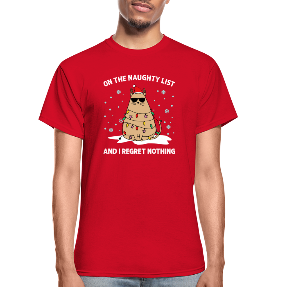 On the Naughty List and I Regret Nothing Cat Christmas Gildan Ultra Cotton Adult T-Shirt - red