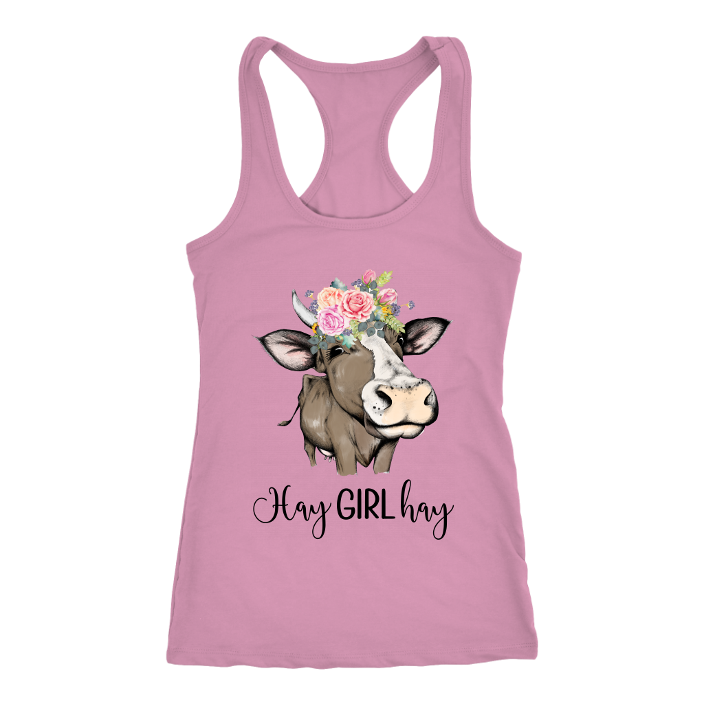 Hay Girl Hay Cow Tank Top | Funny Racerback Tanks for Women | Country Girl Cow Lover Gift Boho Floral Cow Birthday Present Mothers Day Ideas