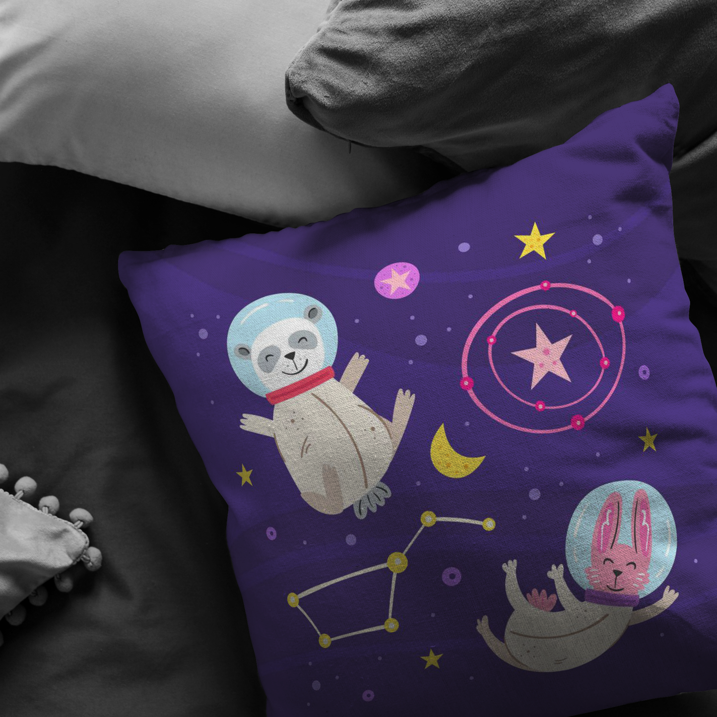 Panda and Bunny in Space Pillow Cover | Space Theme Baby Shower Gift | Kids Boy Girl Astronaut Animal Room Decor